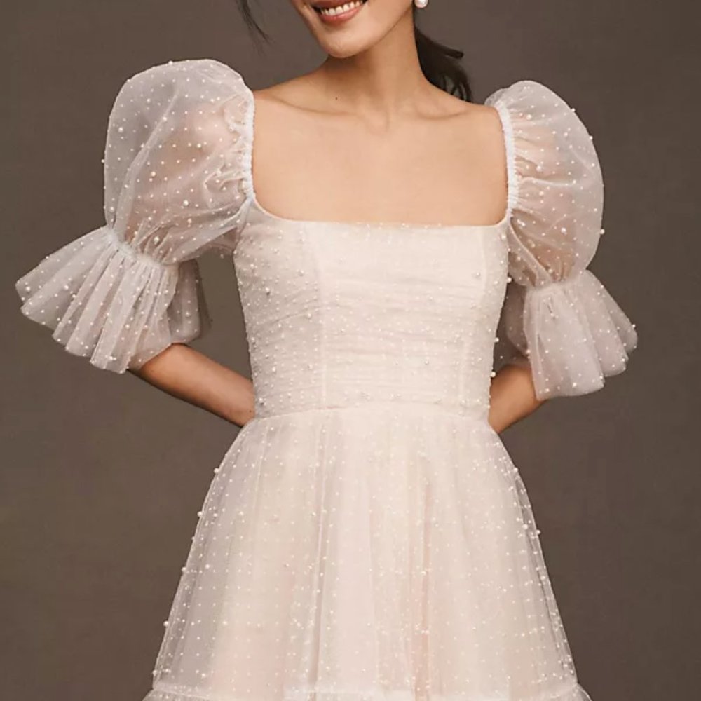 White Ruffled Puff Sleeve Wedding Dress
